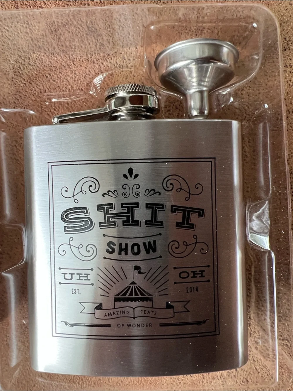 True Stainless Steel 6 oz Flask in Silver - 💩 show Novelty Engraved